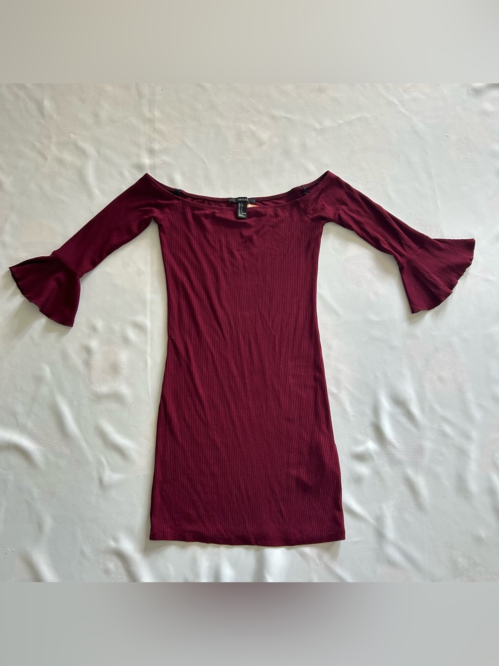 NWT Forever21 Small Bodycon Dress Plum Red Maroon Ribbed Flare Sleeves Festival